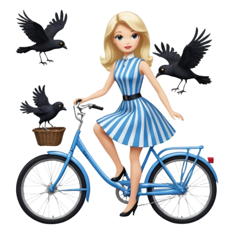 Blonde Silkstone Barbie enid sinclair from academy in blue and black vertically-striped classic dress riding bikes with crows sticker