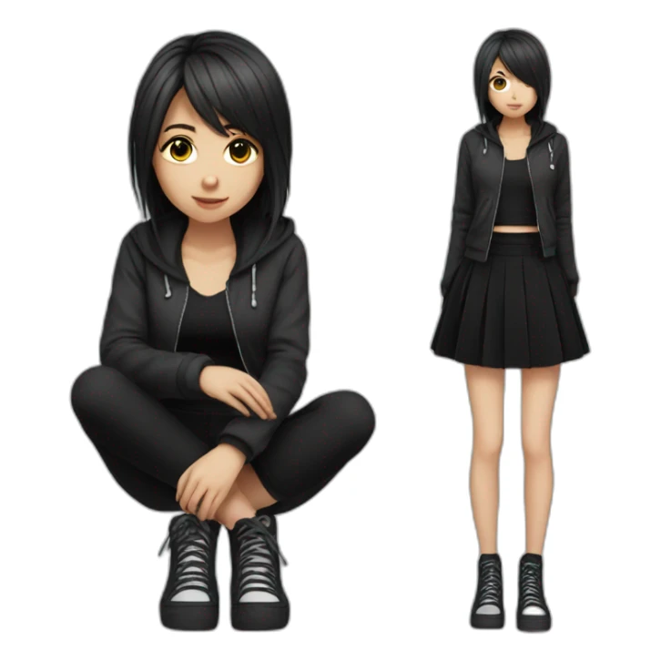 full body Front view emo girl sits on the floor black skirt sticker