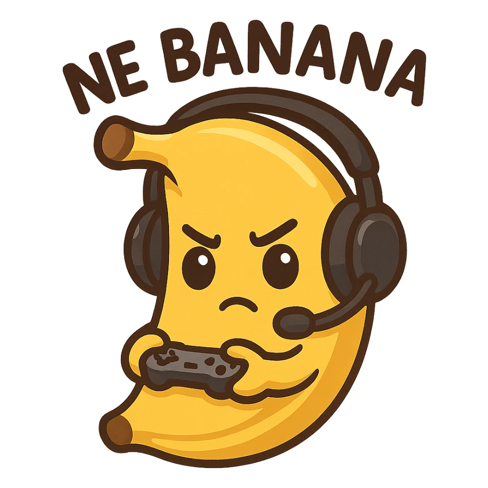 Cartoon banana wearing headset, holding tiny controller, focused expression, text above: "NE BANANA", chibi style, Twitch emoji style, transparent background, colorful sticker