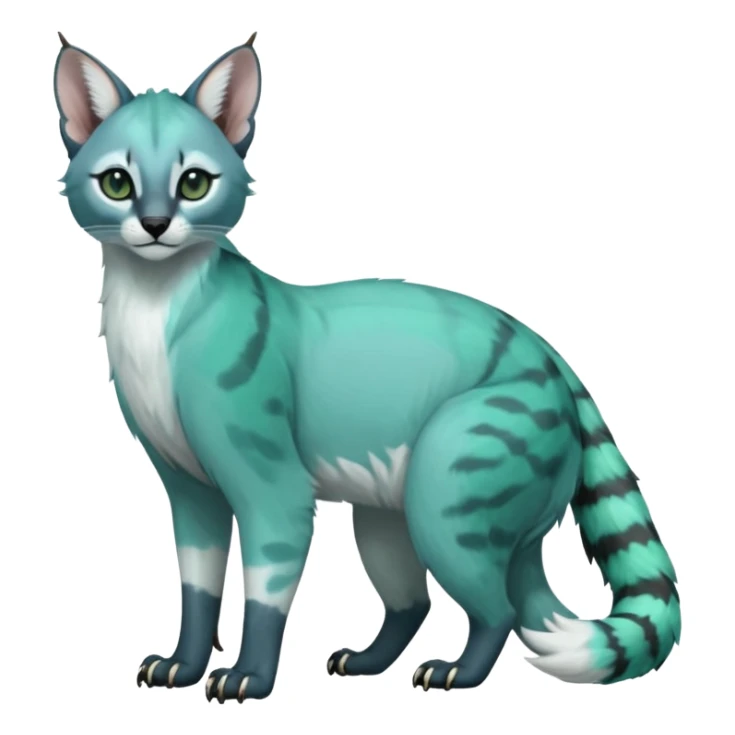 Colorful dark tropical pale light jade-green, mint-blue, whitish pastel white glorious divine exotic cute cool beautiful shiny beautiful fantasy-caracal-civet-genet-sergal-vernid-Gryphon-Cacomistle-Trico-oncilla-animal-Fakémon-hybrid-fursona (full body) sticker