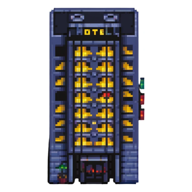 skyscraper hotel with lit windows and entrance sticker