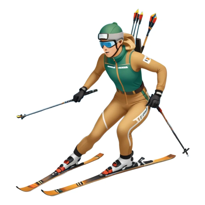 An icon featuring snow-covered trees, distant mountains, and a clear blue sky with a biathlete in motion, holding a rifle and skiing across a snowy course. Transparent background highlights the precision, endurance, and excitement of biathlon. sticker