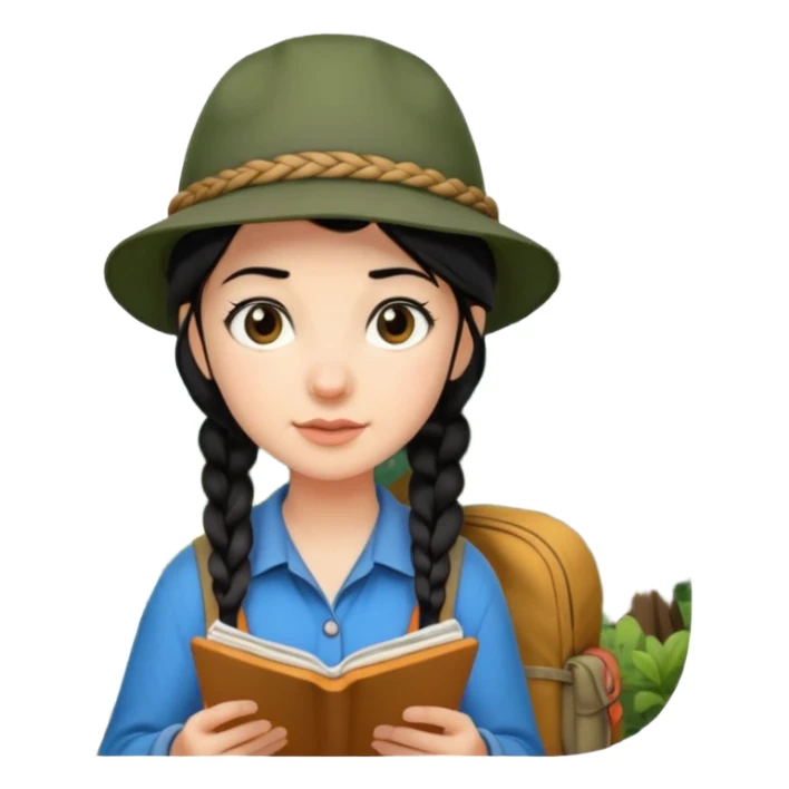 A braid black hair backpacking woman checking her map with curious eyes while wandering in the woods with camping hat sticker