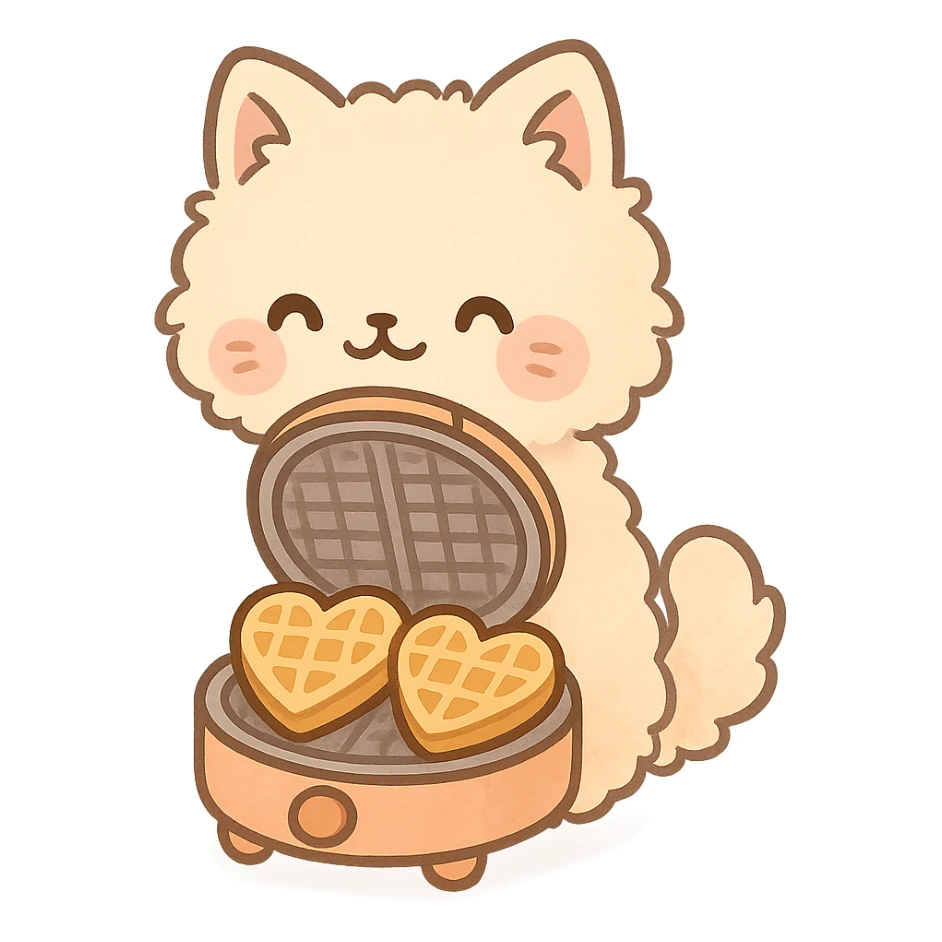 chibi soft fluffy cat as a waffle maker, showing heart-shaped waffles, pastel orange, full-body sticker