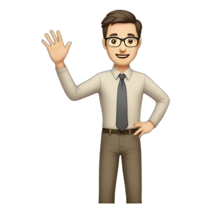 To belt Actively gesturing with hands Pale skinned fit man teacher with dark brown hair in gray jacket, beige office shirt, brown tie, brown pants and vintage glasses. sticker