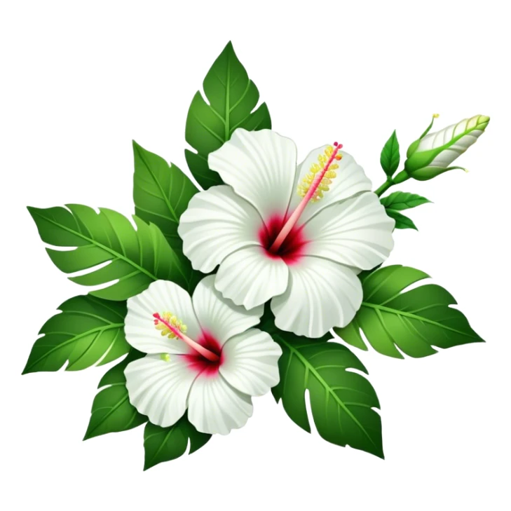 bouquet white Hawaiian hibiscus, luxuriant, stem, leaf, bud sticker