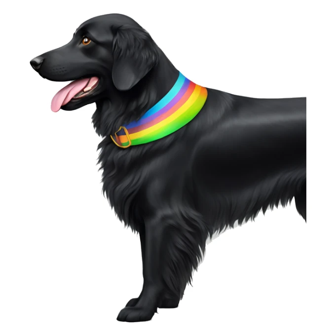 slim black flat-coated retriever with rainbow collar whole dog showing sticker