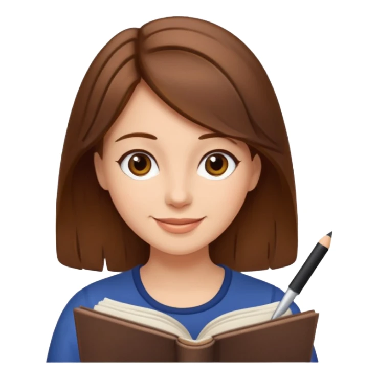 happy woman with brown hair writing a book sticker