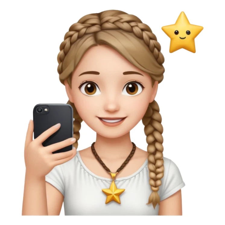a girl wearing cute white top with a braid outing in the camera as a selfie and a star necklace in the neck  sticker