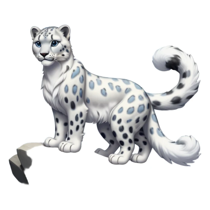 cinematic-snow-leopard-realistic-full-body-standing-emoji,-muscular-yet-graceful-body-balanced-on-rocky-cliffs,-long-fluffy-tail-swirling-behind,-head-tilted-dramatically,-thick-ghostly-white-fur-speckled-with-black-rosettes,-piercing-icy-blue-eyes,-simplified-yet-realistic-focused-features,-highly-detailed,-glowing-with-an-almost-sarcastic-glow sticker