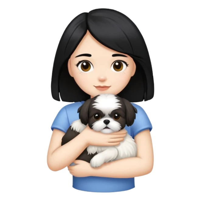 A girl with black hair hugging a Shih Tzu dog sticker