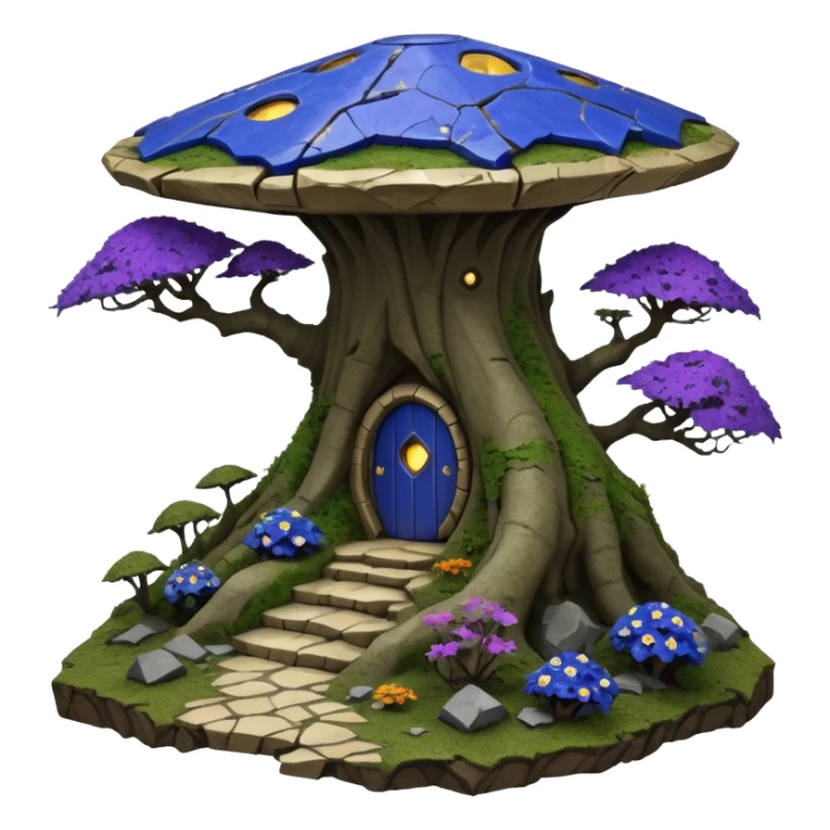 Crashed Alien saucer-castle jungle winding footpath mountainside getaway haunted nighttime hobbit landscape antique mudman very old broken cracked intricate Stone Age lapis-crusted irregular dodecagon-shaped shallow dark moss rough bark violet flowered maple treehouse bonsai sticker