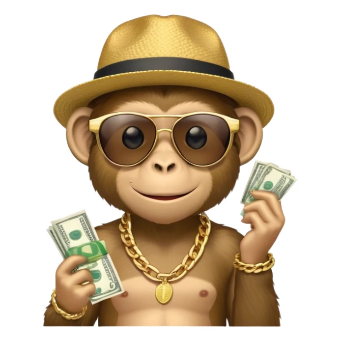 Monkey with gold chain, hat, and sunglasses holding money sticker
