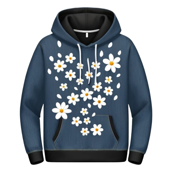 The BLACK Denim Tears Hoodie features a black base with distinctive white and black  open flower spots with empty space in the middle, These hollow ring-like patterns are scattered across. BLACK AND WHITE FLOWERS sticker