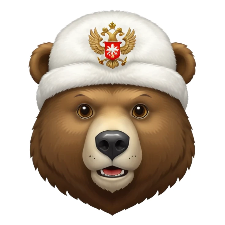 Russian brown bear head only, wearing white furry ushanka hat with realistic double-headed eagle coat of arms in the center, iOS emoji style sticker