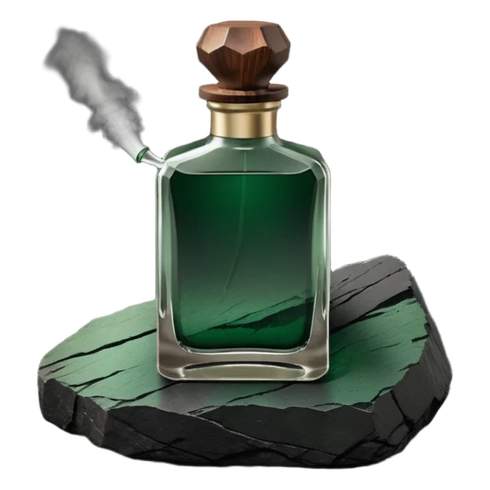 A masculine fragrance bottle featuring a gradient of deep forest green to charred black glass. The cap is made of dark walnut wood. The bottle is placed on a jagged piece of slate rock with a faint mist in the background. Earthy, moody, textured, photorealistic. sticker