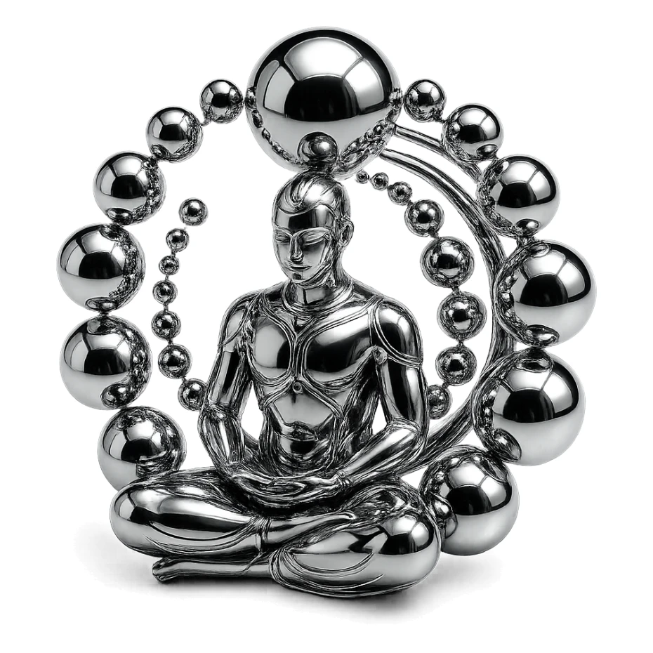 abstract chrome composition with a meditating figure and radiant spheres of varying sizes forming a spiral, polished and harmonious sticker