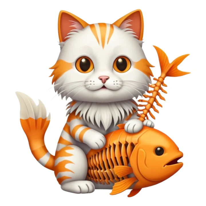 cat full body sitting with fish skeleton with fins and bones in mouth sticker