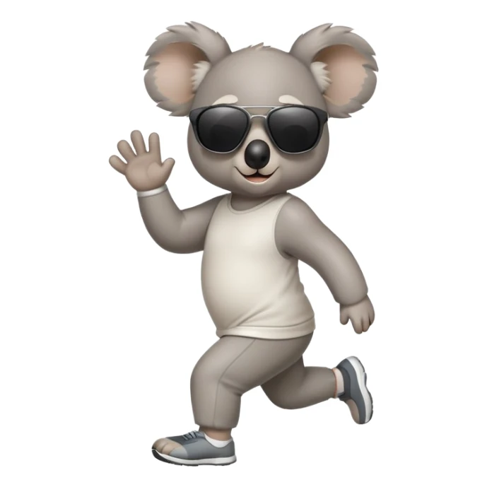 friendly anthropomorphised koala in casual clothing, wearing dark sunglasses, jogging upright in standard pose sticker