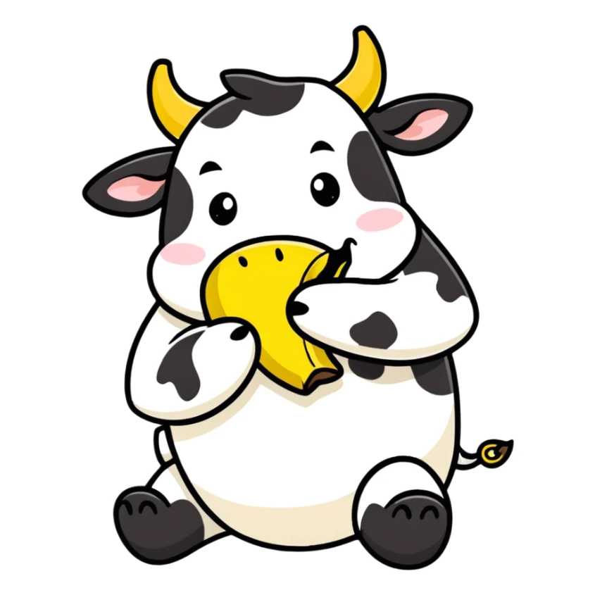 vaca comendo banana, cartoonish sticker style sticker