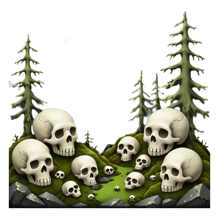 A surreal Alaskan night scape with mountains moss and moss covered trees with skulls coming out of the ground sticker
