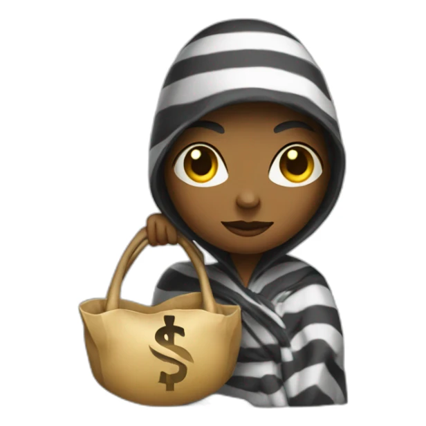 A thief in a striped robe with a bag of dollars on her shoulder sticker