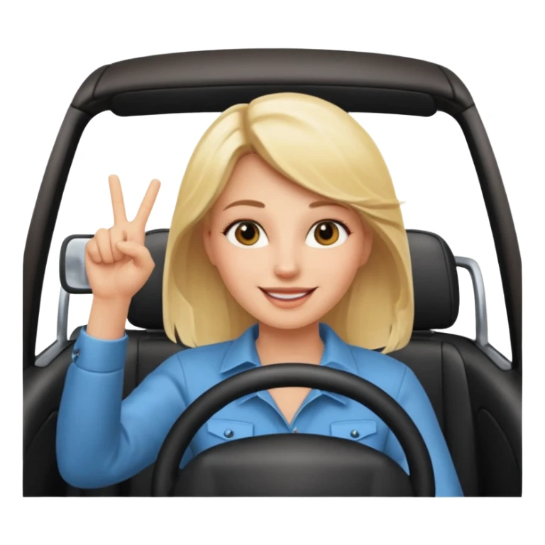blonde woman driving car. one hand up Happy face confidence sticker