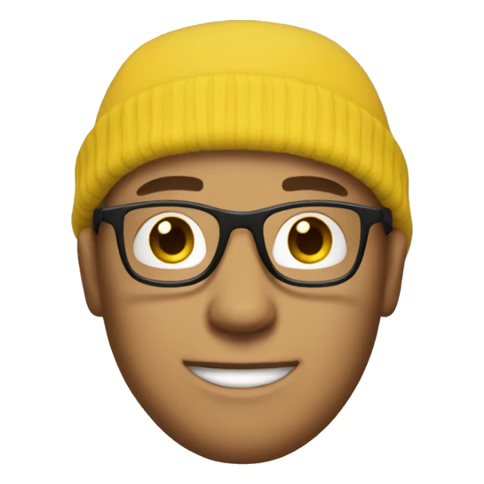A white guy with a yellow beanie on and glasses sticker