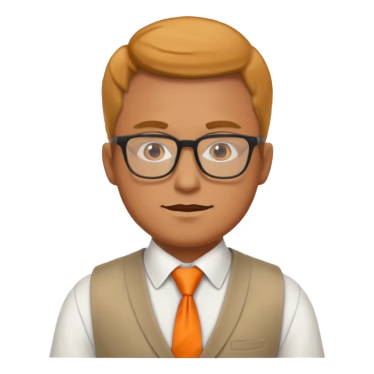 man in vest with orange tie, wearing glasses sticker