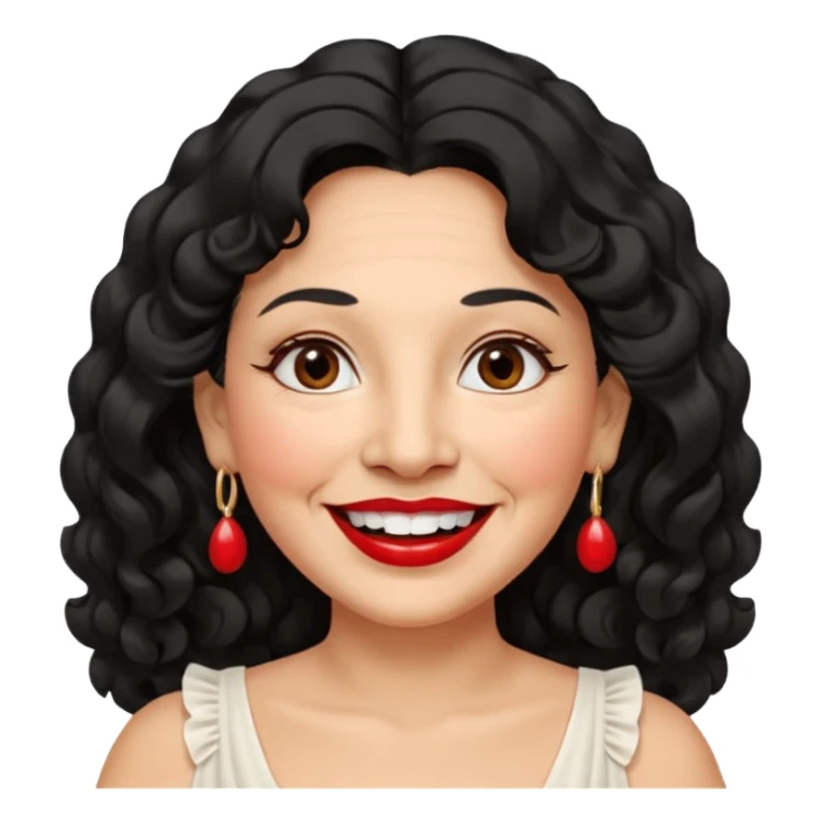 60 yr old peruvian woman, slightly chubby, wavy/curly long black hair, red lipstick, big smile, white teeth, brown eyes, hoop earings, side part to hair, round face, pretty white dress sticker