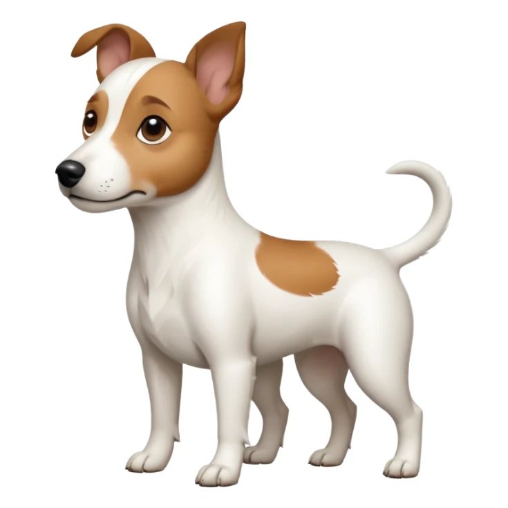 a full body white jack russel looking dog the size of a kelpie with light brown ears and a light brown patch on one eye, flopped down ears and a large snout sticker