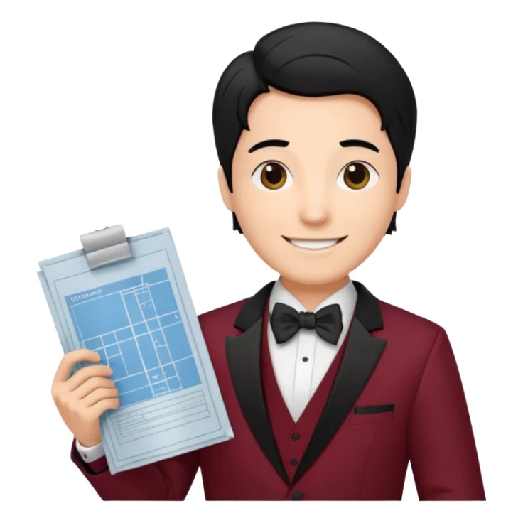 A architect with maroon tuxedo, and black hair sticker