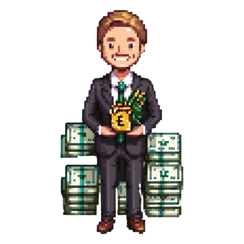 billionaire character wearing a suit and tie with a confident smile holding a stack of money or gold sticker