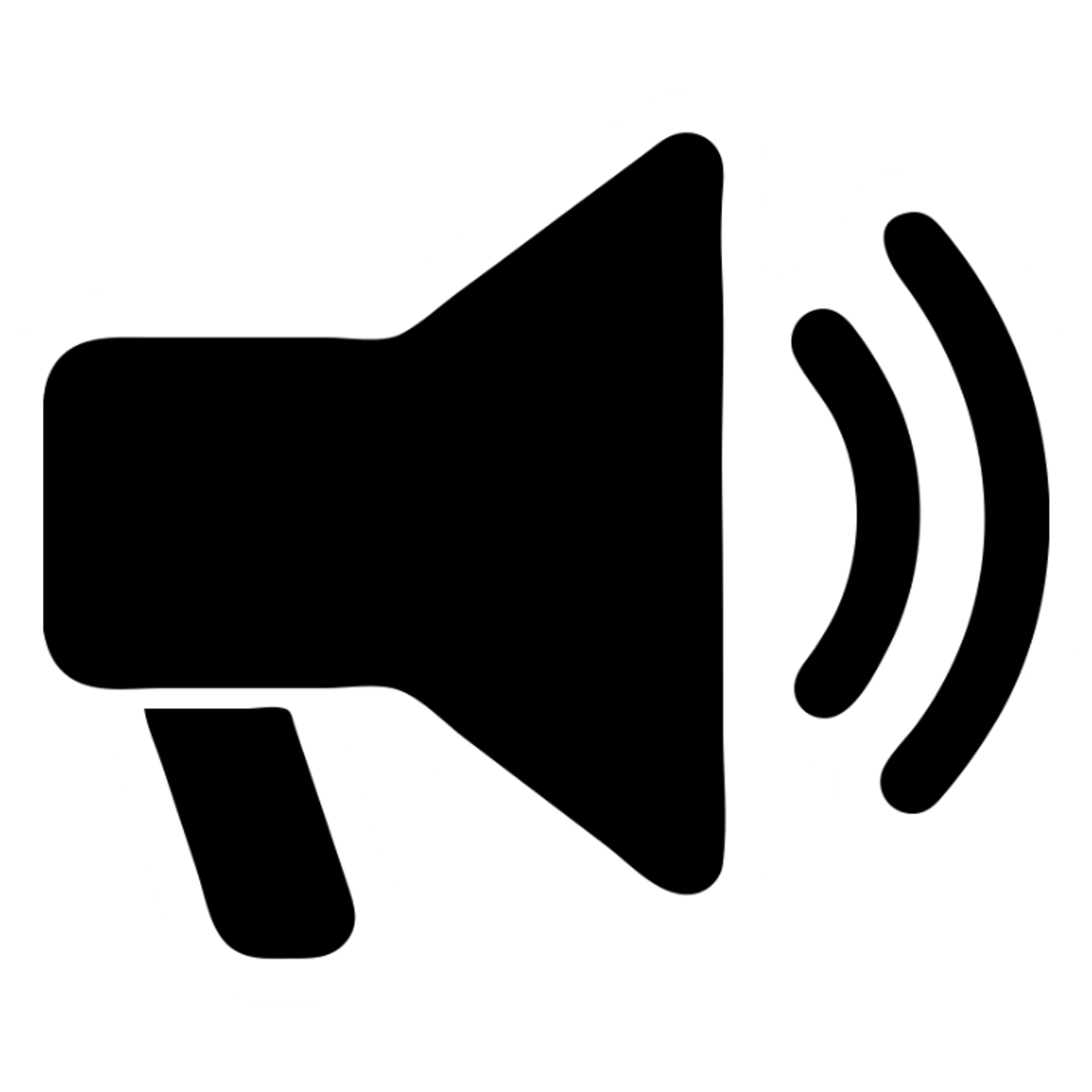 megaphone in a solid black icon style, filled silhouette, no color, strong visual impact, suitable for monochrome use sticker