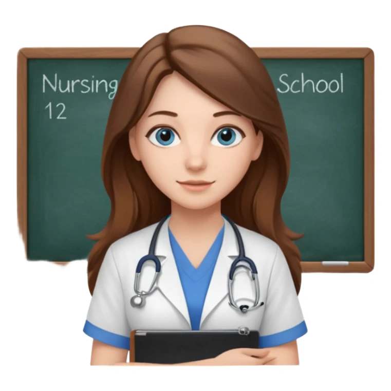 university classroom that says nursing school on the blackboard with a pretty female nursing student with long brown hair, blue eyes sticker