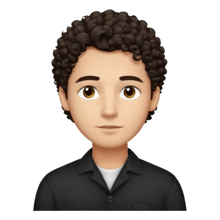 He’s a young man with light to medium skin, a defined oval face, full brows, deep-set eyes, and voluminous curly dark brown hair styled with height. expression calm and focused relaxed black open-collar shirt.polished, articulate, and professional vibe. sticker