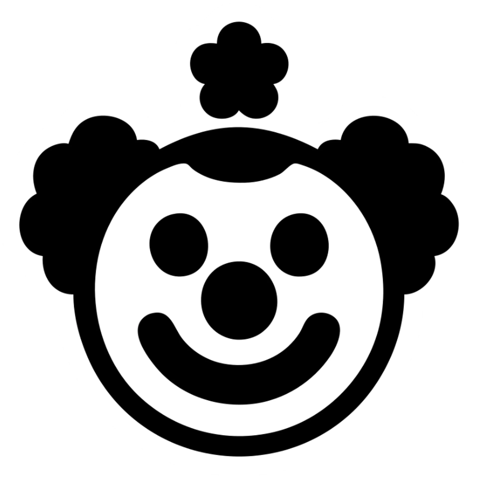 clown face, solid icon style, bold shapes, no color, strong silhouette sticker