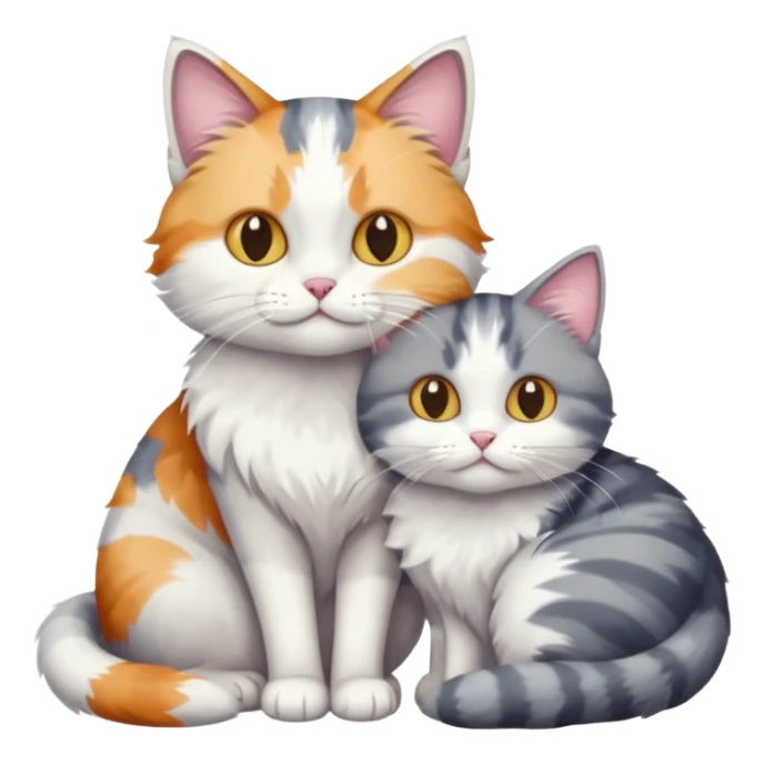 full body colourful light patched calico + white tabby cat cuddling a grey and white cat  sticker