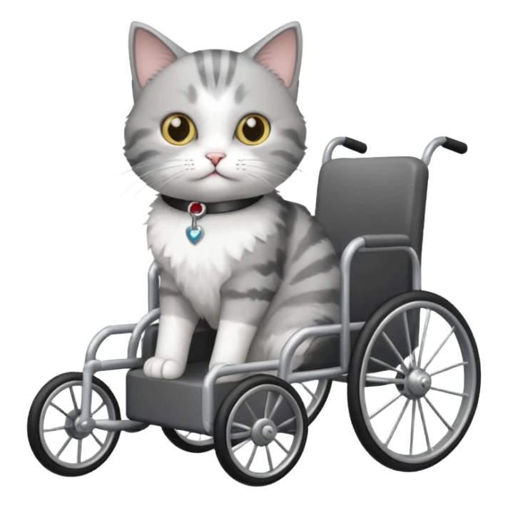 grey and white cat in a cat wheelchair sticker
