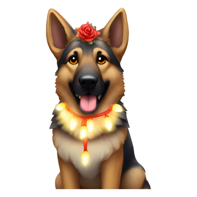 Brindled German shepherd fox carrying glowing red lantern, fairy lights, rose flower crown sticker