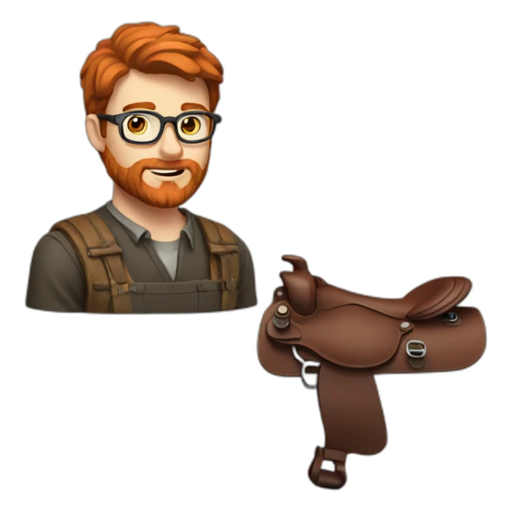 Red smooth haired man with beard and glasses repairing a saddle sticker