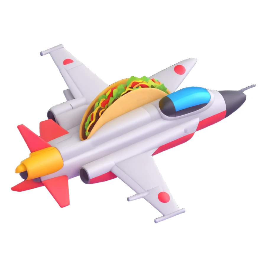 Top Gun-style jet fighter carrying a taco emoji, dynamic angle, playful and bold sticker