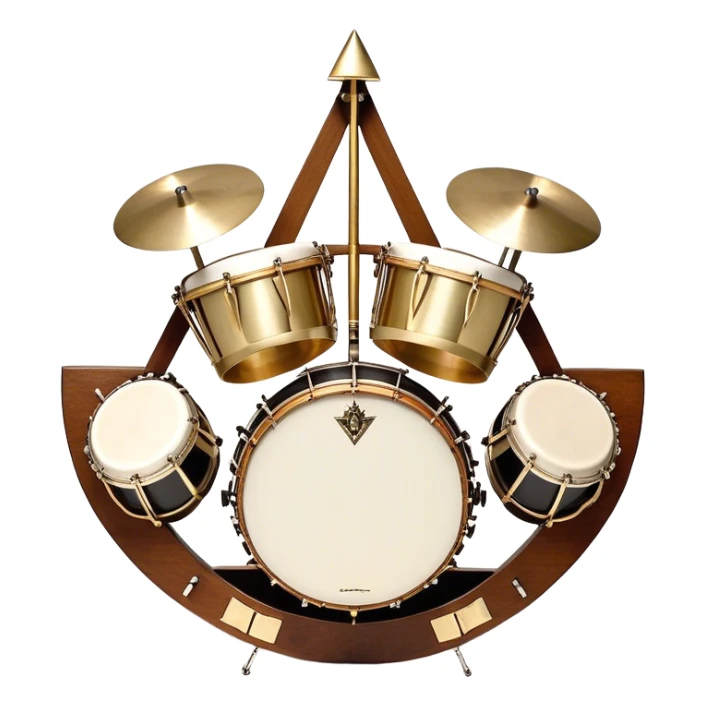 Create a heraldic, festive, and professional emblem-like emoji representing percussion instruments. The design should resemble a traditional crest, featuring a range of percussion instruments like cymbals, triangle, tambourine, maracas, timpani, and other traditional and folk percussion instruments. Arrange them symmetrically, with elements like cymbals crossing each other, a triangle at the center, and timpani or drums flanking the sides. The instruments should be depicted with metallic and wooden tones—shiny brass for cymbals, silver for the triangle, and rich wood or polished bronze for drums. Include ornate details like engraved patterns on the instruments, decorative swirls or laurels, and subtle accents to add elegance and festivity to the composition. The overall design should be cohesive, balanced, and visually striking, suitable for use as a prestigious emblem. The background should be transparent. sticker