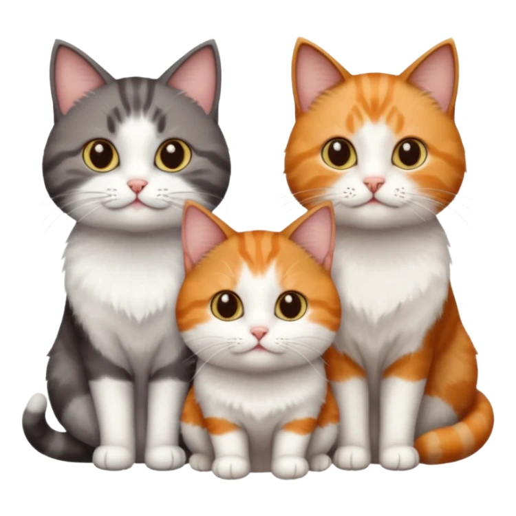 3 different coloured short haired cats including; a dark brown tabby and white cat, and a dark grey and white and a ginger and white sticker