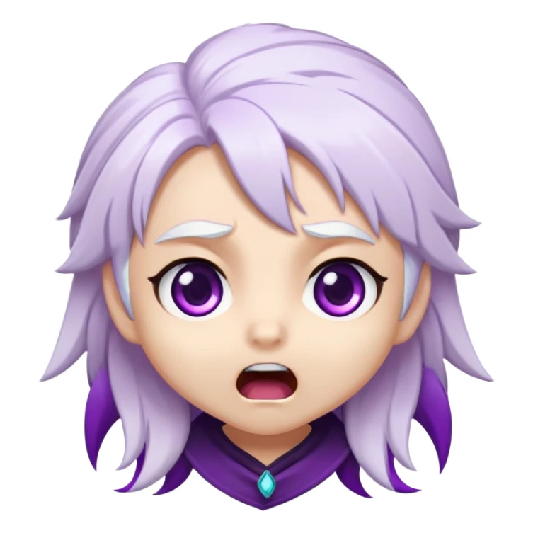 Chibi Sable Ward with shocked expression, wide purple eyes, mouth in an O shape, white hair with purple streaks, surprised look sticker