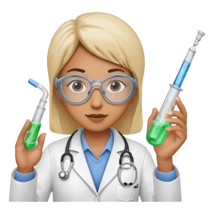 A person wearing safety goggles, a stethoscope, and a white coat. In one hand they hold a test tube containing chemicals and in the other a syringe. sticker