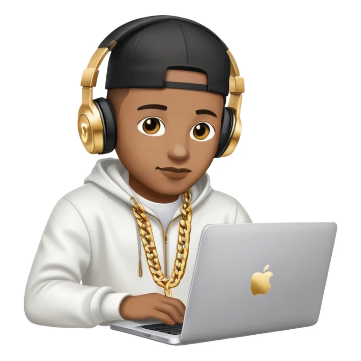 rapper developer with gold chain, headphones and laptop sticker