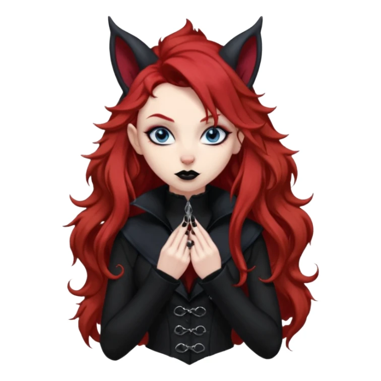  long curly red hair (darker), red pointed ears with black trim, black goth outfits, body and face human, blue eyes, more pointy chin, black lipstick, big fluffy red squirrel tail with black tips, like the attached photo with more outfits and poses,  sticker
