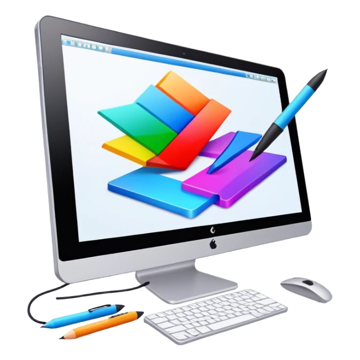 Computer graphics icon, large monitor with graphic design software open, graphic tablet, stylus, vibrant colors, minimalistic style, clean lines, transparent background. sticker