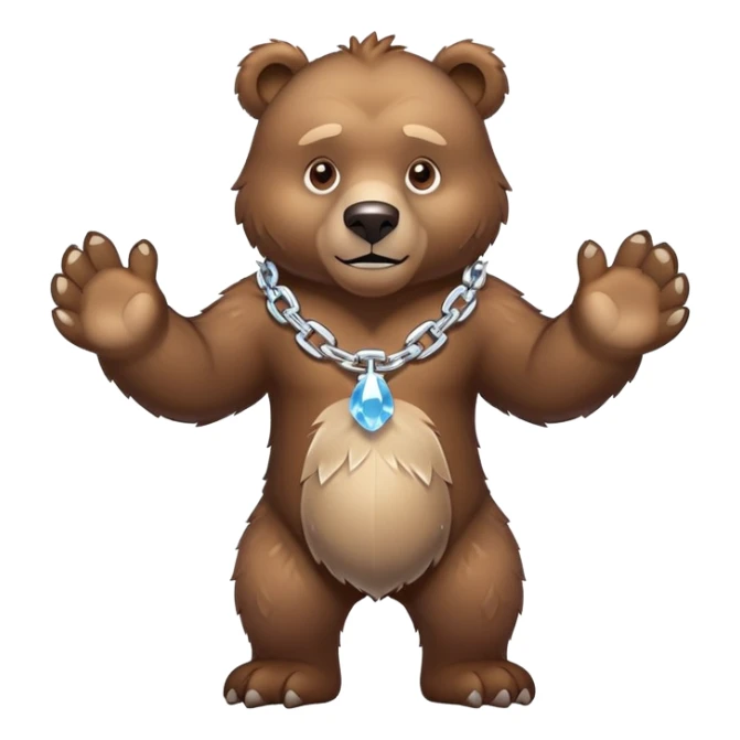 Fierce brown bear walking on four paws with an ice chain necklace, frozen chain links made of crystal clear ice, serious face sticker